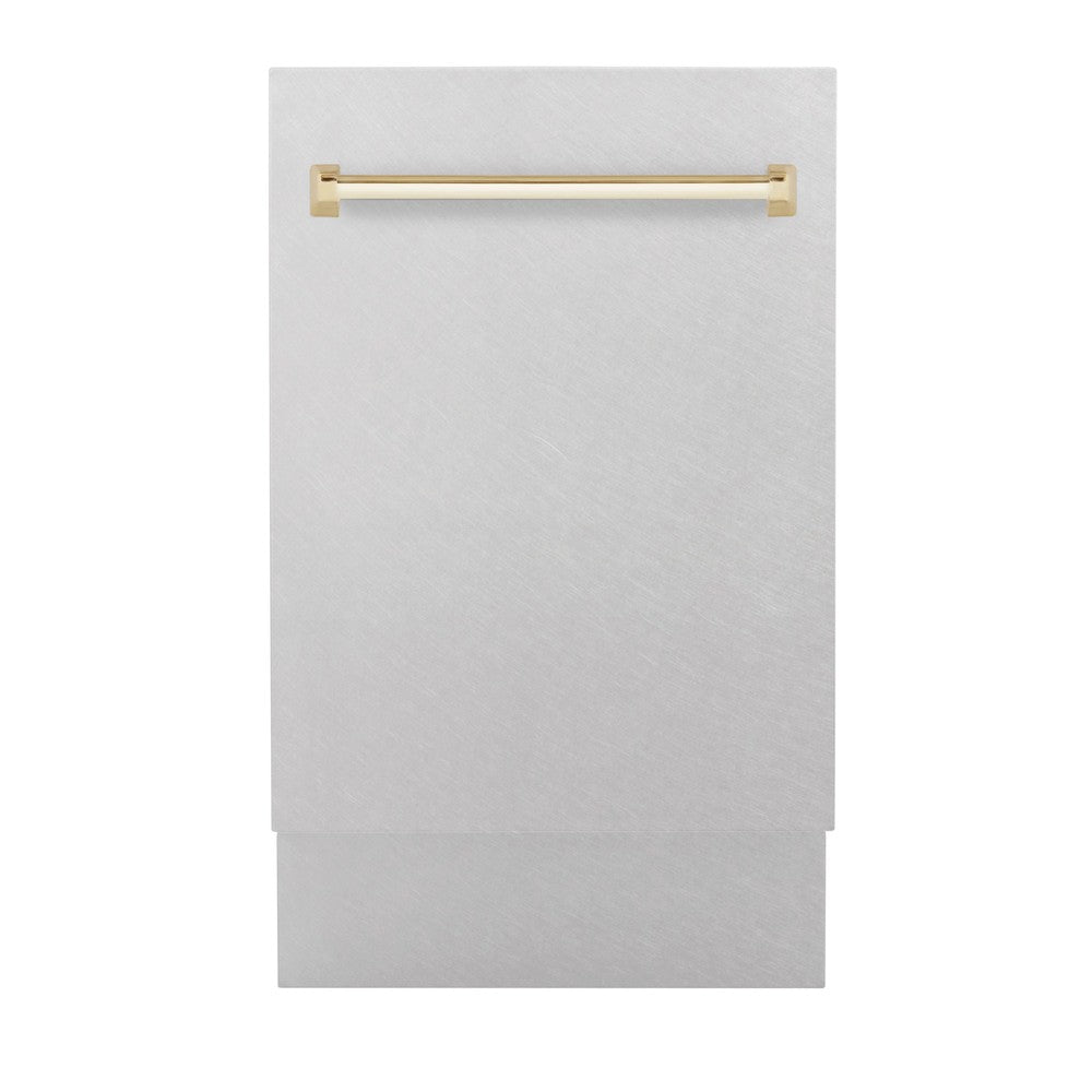 ZLINE Autograph Edition 18 in. Compact 3rd Rack Top Control Dishwasher in Fingerprint Resistant Satin Stainless Steel with Polished Gold Accent Handle, 51dBa (DWVZ-SN-18-G)