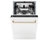 ZLINE Autograph Edition 18 in. Compact 3rd Rack Top Control Dishwasher in White Matte with Champagne Bronze Accent Handle, 51dBa (DWVZ-WM-18-CB)