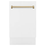 ZLINE Autograph Edition 18 in. Compact 3rd Rack Top Control Dishwasher in White Matte with Champagne Bronze Accent Handle, 51dBa (DWVZ-WM-18-CB)