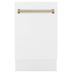 ZLINE Autograph Edition 18 in. Compact 3rd Rack Top Control Dishwasher in White Matte with Champagne Bronze Accent Handle, 51dBa (DWVZ-WM-18-CB)
