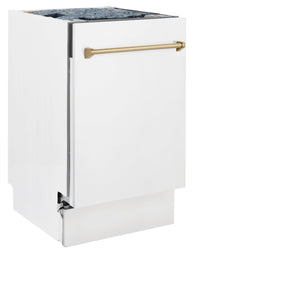 ZLINE Autograph Edition 18 in. Compact 3rd Rack Top Control Dishwasher in White Matte with Champagne Bronze Accent Handle, 51dBa (DWVZ-WM-18-CB)