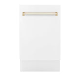 ZLINE Autograph Edition 18 in. Compact 3rd Rack Top Control Dishwasher in White Matte with Polished Gold Accent Handle, 51dBa (DWVZ-WM-18-G)