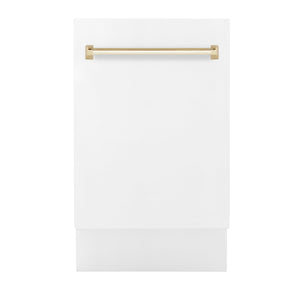 ZLINE Autograph Edition 18 in. Compact 3rd Rack Top Control Dishwasher in White Matte with Polished Gold Accent Handle, 51dBa (DWVZ-WM-18-G)