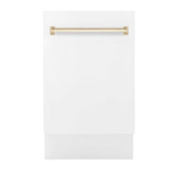 ZLINE Autograph Edition 18 in. Compact 3rd Rack Top Control Dishwasher in White Matte with Polished Gold Accent Handle, 51dBa (DWVZ-WM-18-G)