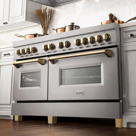 ZLINE Autograph Edition 60 in. 7.4 cu. ft. Dual Fuel Range with Gas Stove and Electric Oven in DuraSnow® Stainless Steel with Polished Gold Accents (RASZ-SN-60-G)