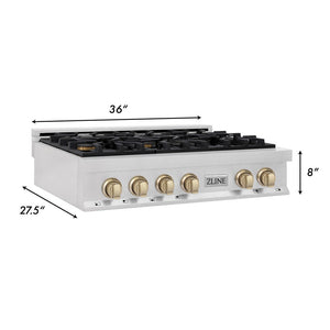 ZLINE Autograph Edition 36 in. Porcelain Rangetop with 6 Gas Burners in DuraSnow® Stainless Steel with Polished Gold Accents (RTSZ-36-G)