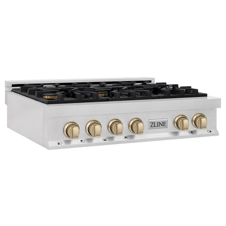 ZLINE Autograph Edition 36 in. Porcelain Rangetop with 6 Gas Burners in DuraSnow® Stainless Steel with Polished Gold Accents (RTSZ-36-G)-Cooktops-RTSZ-36-G ZLINE Kitchen and Bath