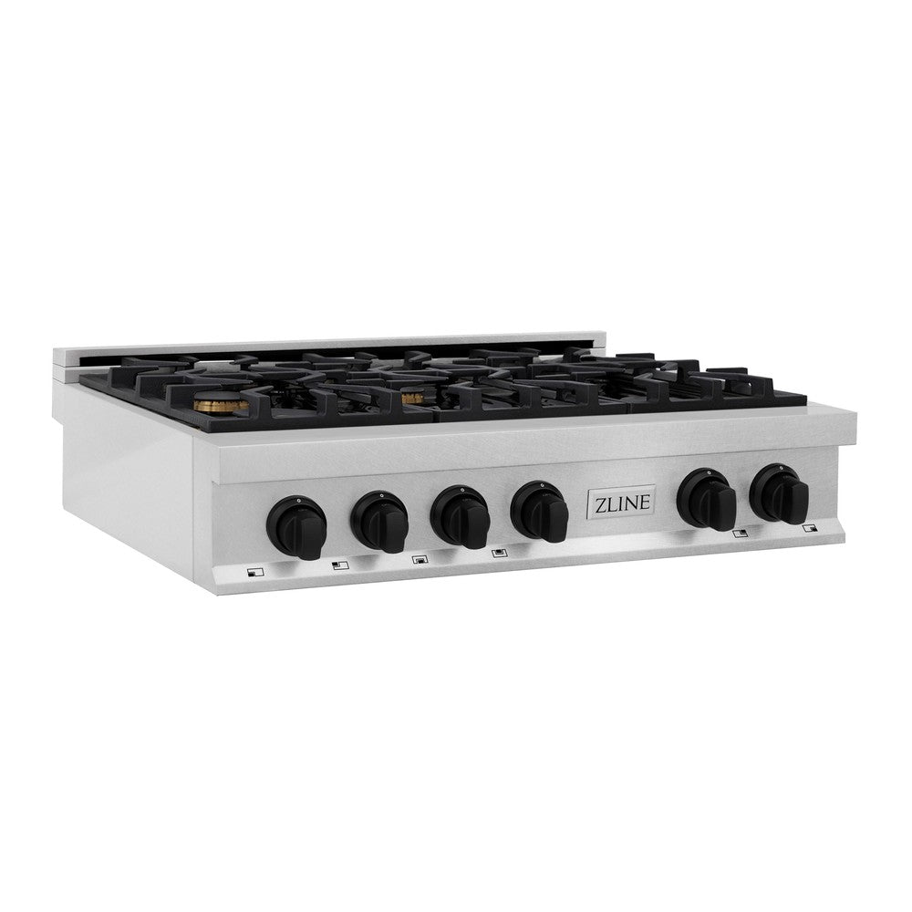 ZLINE Autograph Edition 36 in. Legacy Gas Rangetop with 6 Burners and Porcelain Cooktop in DuraSnow® Stainless Steel with Matte Black Accents (RTSZ-36-MB)
