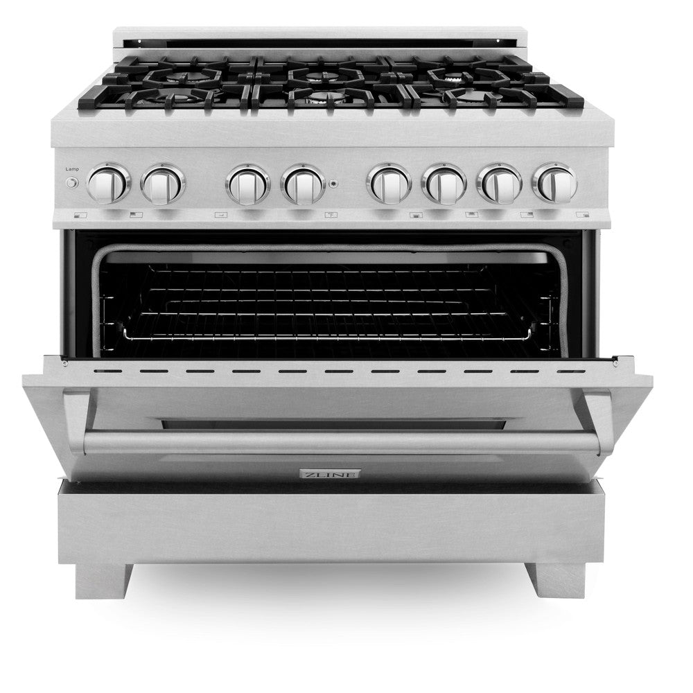 ZLINE 36 in. Kitchen Package with DuraSnow Stainless Steel Dual Fuel Range and Convertible Vent Range Hood (2KP-RASSNRH36)