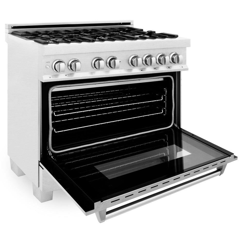 ZLINE 36 in. Kitchen Package with DuraSnow® Stainless Steel Dual Fuel Range and Convertible Vent Range Hood (2KP-RASSNRH36)