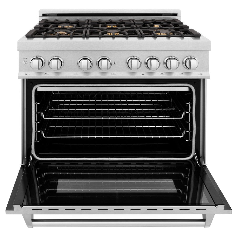 ZLINE 36 in. 4.6 cu. ft. Legacy Dual Fuel Range with Gas Cooktop and Electric Convection Oven in DuraSnow® Stainless Steel with 6 Brass Burners (RAS-SN-BR-36)
