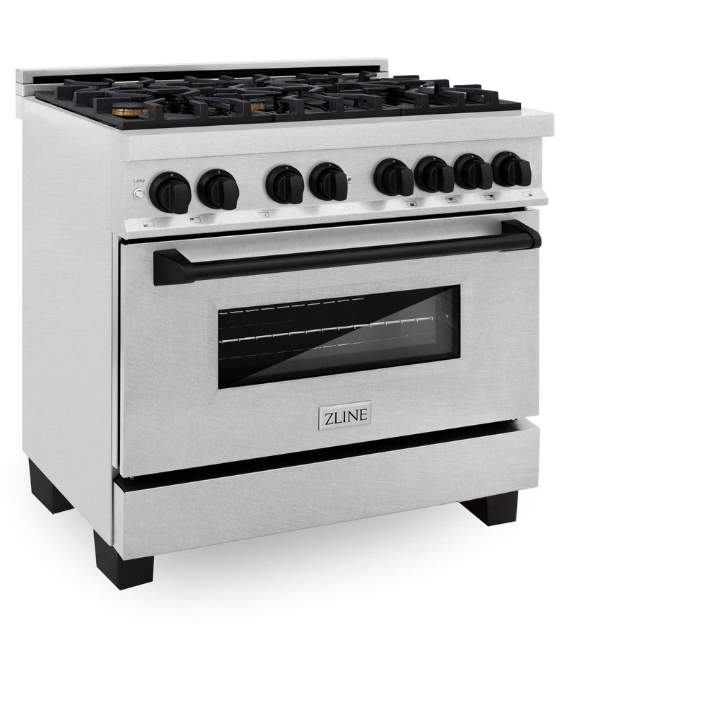 ZLINE Autograph Edition 36 in. 4.6 cu. ft. Dual Fuel Range with Gas Stove and Electric Oven in DuraSnow® Stainless Steel with Matte Black Accents (RASZ-SN-36-MB)