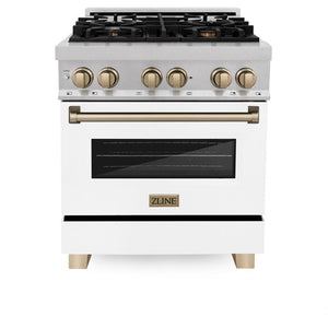 ZLINE Autograph Edition 30 in. 4.0 cu. ft. Legacy Dual Fuel Range with 4 Burner Gas Cooktop and Electric Convection Oven in DuraSnow® Stainless Steel with White Matte Door and Champagne Bronze Accents (RASZ-WM-30-CB)