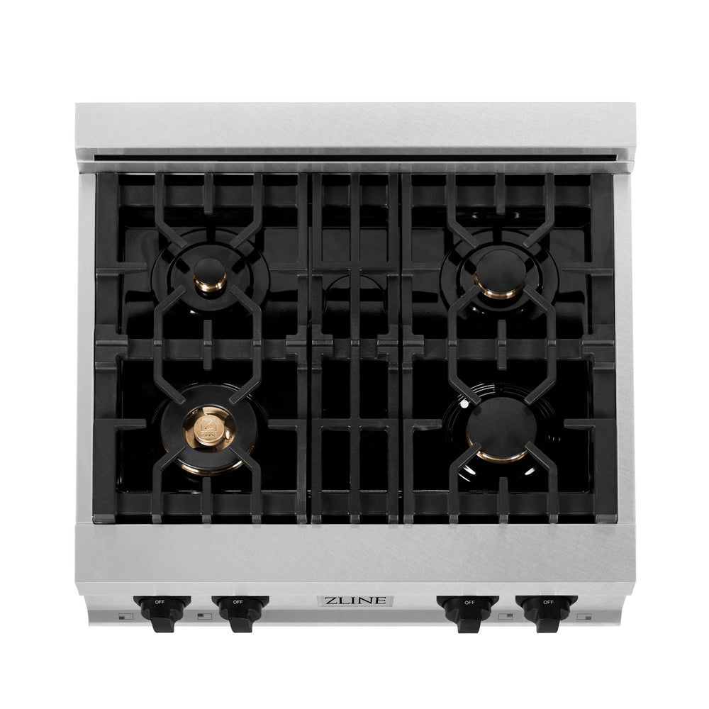 ZLINE Autograph Edition 30 in. Legacy Gas Rangetop with 4 Burners and Porcelain Cooktop in DuraSnow® Stainless Steel with Matte Black Accents (RTSZ-30-MB)