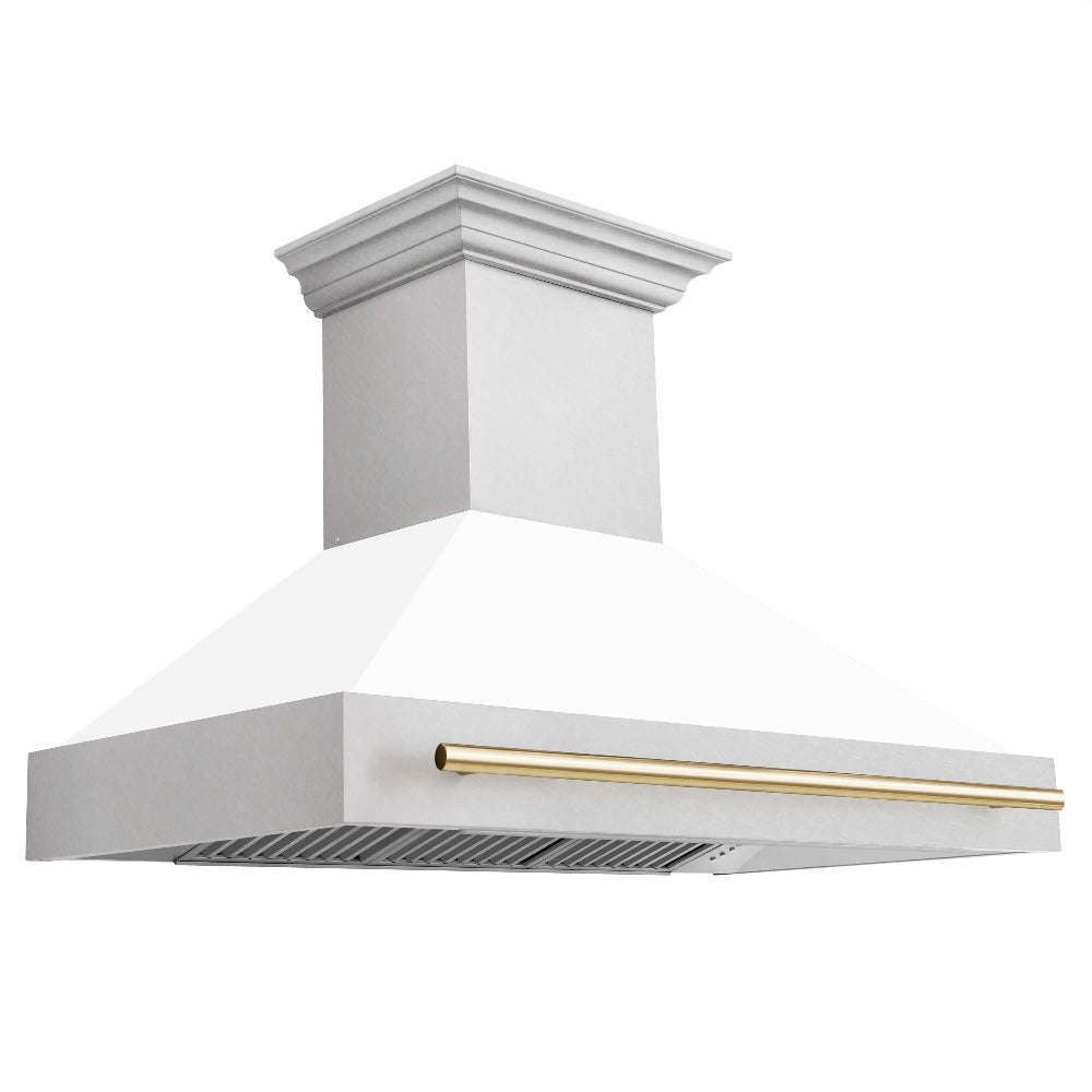 ZLINE Autograph Edition 48 in. Fingerprint Resistant Satin Stainless Steel Range Hood with White Matte Shell and Accented Handle (8654SNZ-WM48) Polished Gold
