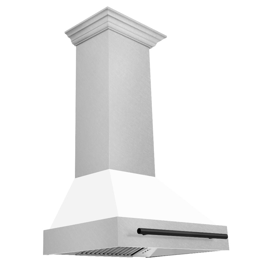 ZLINE Autograph Edition 30 in. Fingerprint Resistant Satin Stainless Steel Range Hood with White Matte Shell and Accented Handle (8654SNZ-WM30) Matte Black