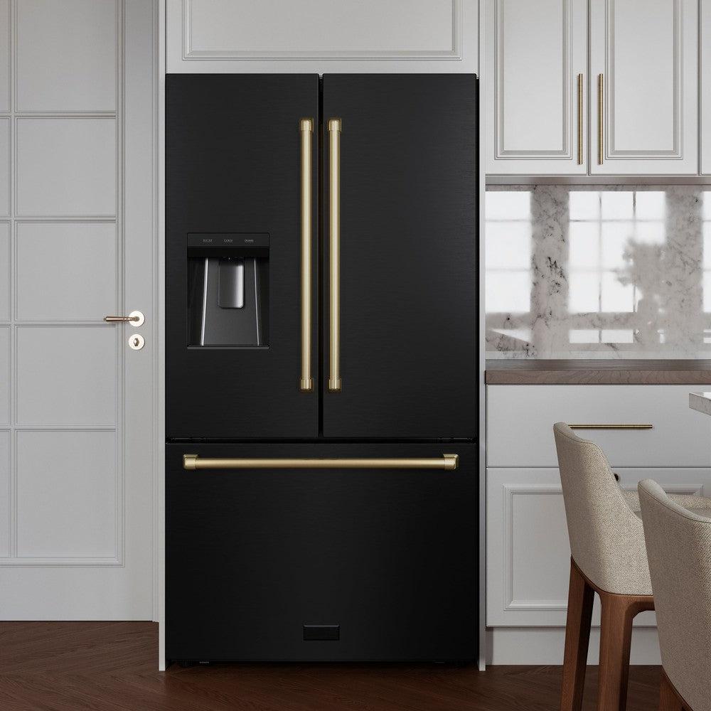 ZLINE Autograph Edition 36 in. 28.9 cu. ft. Standard-Depth French Door External Water Dispenser Refrigerator with Dual Ice Maker in Fingerprint-Resistant Black Stainless Steel and Champagne Bronze Traditional Handles (RSMZ-W-36-BS-CB)