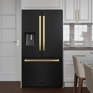 ZLINE Autograph Edition 36 in. 28.9 cu. ft. Standard-Depth French Door External Water Dispenser Refrigerator with Dual Ice Maker in Fingerprint-Resistant Black Stainless Steel and Polished Gold Modern Handles (RSMZ-W-36-BS-FG)