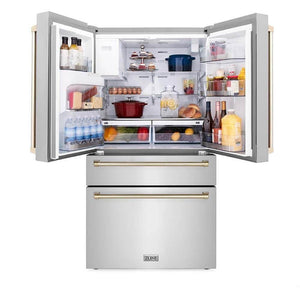 ZLINE Autograph Edition 48 in. Kitchen Package with Stainless Steel Dual Fuel Range, Range Hood, Dishwasher and Refrigerator Including External Water Dispenser with Polished Gold Accents (4AKPR-RARHDWM48-G)