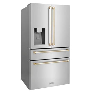 ZLINE Autograph Edition 48 in. Kitchen Package with Stainless Steel Dual Fuel Range, Range Hood, Dishwasher and Refrigerator Including External Water Dispenser with Polished Gold Accents (4AKPR-RARHDWM48-G)