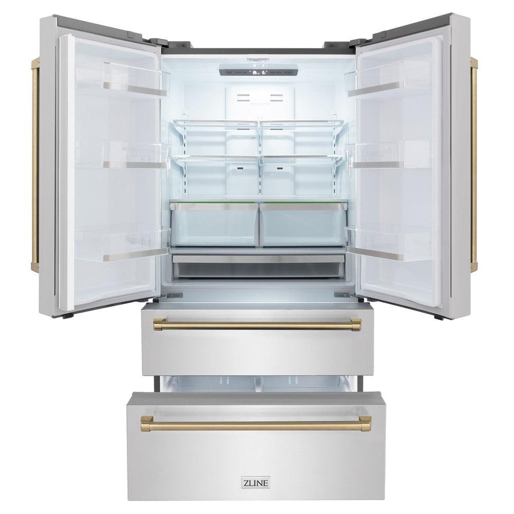 ZLINE Autograph Edition 48 in. Kitchen Package with Stainless Steel Dual Fuel Range, Range Hood, Dishwasher and Refrigerator with Champagne Bronze Accents (4KAPR-RARHDWM48-CB)