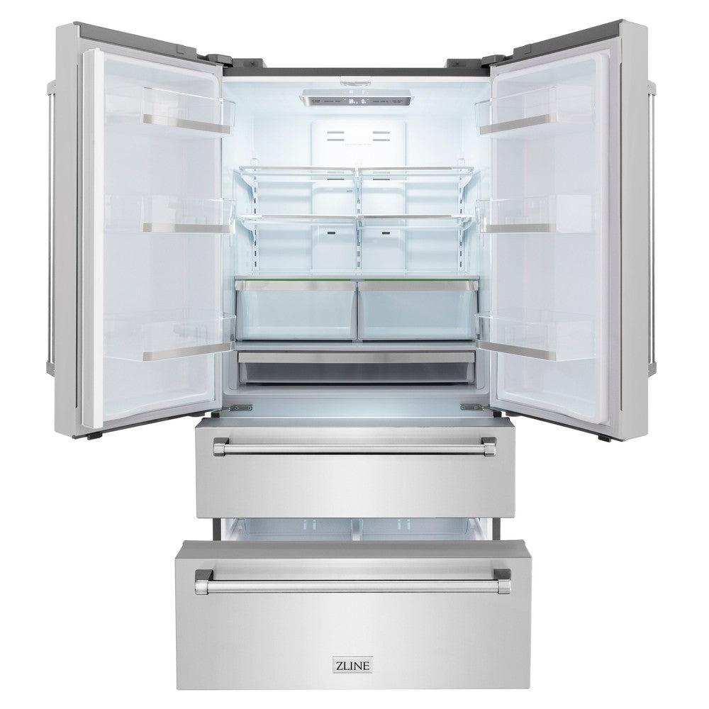 ZLINE Kitchen Package with Refrigeration, 36 in. Stainless Steel Dual Fuel Range, 36 in. Convertible Vent Range Hood, 24 in. Microwave Drawer, and 24 in. Tall Tub Dishwasher (5KPR-RARH36-MWDWV)