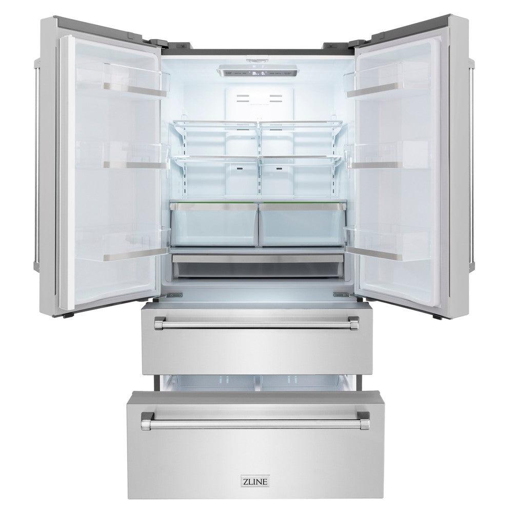 ZLINE Kitchen Package with Refrigerator, 30 in. Stainless Steel Gas Range, 30 in. Range Hood, Microwave Drawer, and 24 in. Tall Tub Dishwasher (5KPR-SGRRH30-MWDWV)