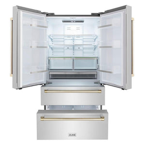 ZLINE Autograph Edition 36 in. Kitchen Package with Stainless Steel Dual Fuel Range, Range Hood, Dishwasher and Refrigerator with Polished Gold Accents (4KAPR-RARHDWM36-G)