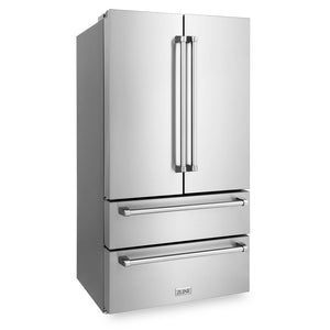 ZLINE Kitchen Package with Refrigerator, 36 in. Stainless Steel Gas Range, 36 in. Range Hood, Microwave Drawer, 24 in. Tall Tub Dishwasher and Beverage Fridge (6KPR-SGRRH36-MWDWV-RBV)