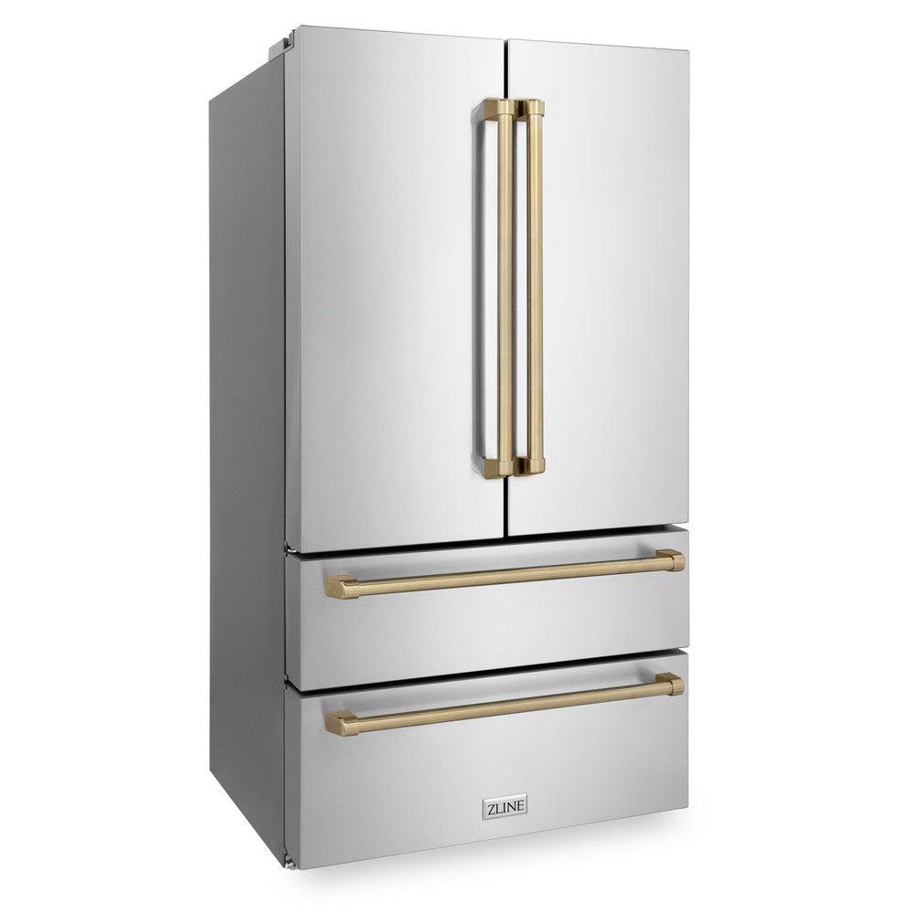 ZLINE Autograph Edition 36 in. 22.5 cu. ft Freestanding French Door Refrigerator with Ice Maker in Fingerprint Resistant Stainless Steel with Champagne Bronze Accents (RFMZ-36-CB)