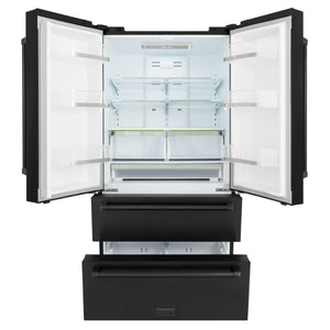 ZLINE Kitchen Package with Black Stainless Steel Refrigerator, 48 in. Dual Fuel Range, 48 in. Range Hood, Microwave Drawer, and 24 in. Tall Tub Dishwasher (5KPR-RABRH48-MWDWV)