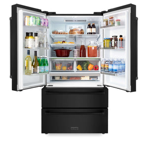 ZLINE Kitchen Package with Black Stainless Steel Refrigerator, 48 in. Dual Fuel Range, 48 in. Range Hood, Microwave Drawer, and 24 in. Tall Tub Dishwasher (5KPR-RABRH48-MWDWV)
