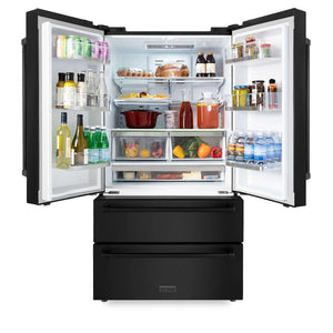 ZLINE Kitchen Package with Black Stainless Steel Refrigerator, 36 in. Dual Fuel Range, Range Hood, and Microwave Drawer (4KPR-RABRH36-MW)