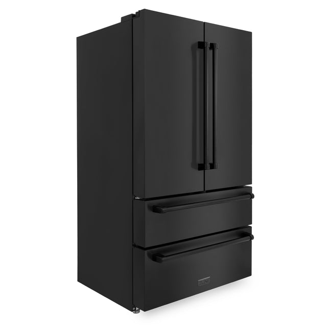 ZLINE Kitchen Package with Refrigeration, 36 in. Black Stainless Steel Gas Stovetop, 36 in. Convertible Vent Range Hood, 30 in. Double Wall Oven, and 24 in. Tall Tub Dishwasher (5KPR-RTBRH36-AWDDWV)