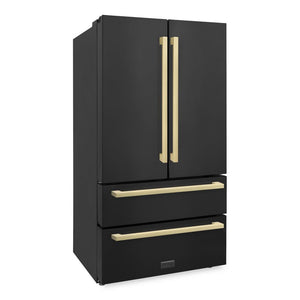 ZLINE Autograph Edition 36 in. 22.5 cu. ft. Counter-Depth French Door Refrigerator with Ice Maker in Fingerprint-Resistant Black Stainless Steel and Champagne Bronze Modern Handles (RFMZ-36-BS-FCB)
