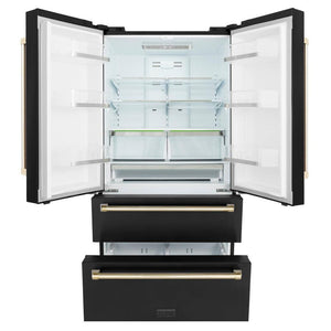 ZLINE Autograph Edition 36 in. Kitchen Package with Black Stainless Steel Dual Fuel Range, Range Hood, Dishwasher and Refrigerator with Polished Gold Accents (4AKPR-RABRHDWV36-G)