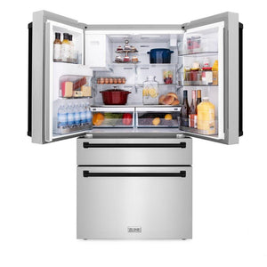 ZLINE 48 in. Autograph Edition Kitchen Package with Stainless Steel Dual Fuel Range, Range Hood, Dishwasher and Refrigeration Including External Water Dispenser with Matte Black Accents (4AKPR-RARHDWM48-MB)