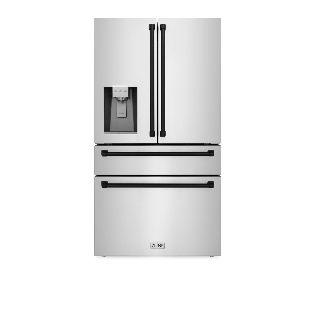 ZLINE 36 in. Autograph Edition Kitchen Package with Stainless Steel Dual Fuel Range, Range Hood, Dishwasher and Refrigeration Including External Water Dispenser with Matte Black Accents (4AKPR-RARHDWM36-MB)