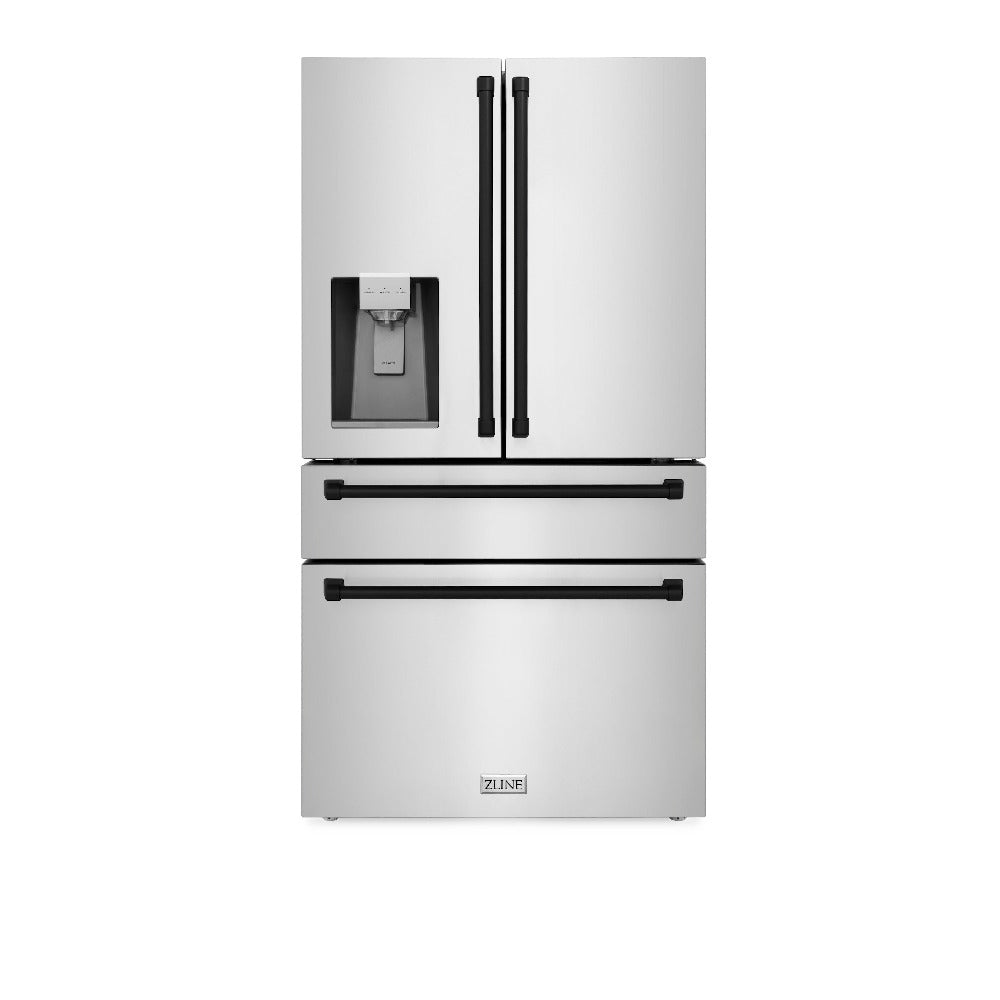 ZLINE Autograph Edition 48 in. Kitchen Package with Stainless Steel Dual Fuel Range, Range Hood, Dishwasher and Refrigerator Including External Water Dispenser with Matte Black Accents (4AKPR-RARHDWM48-MB)