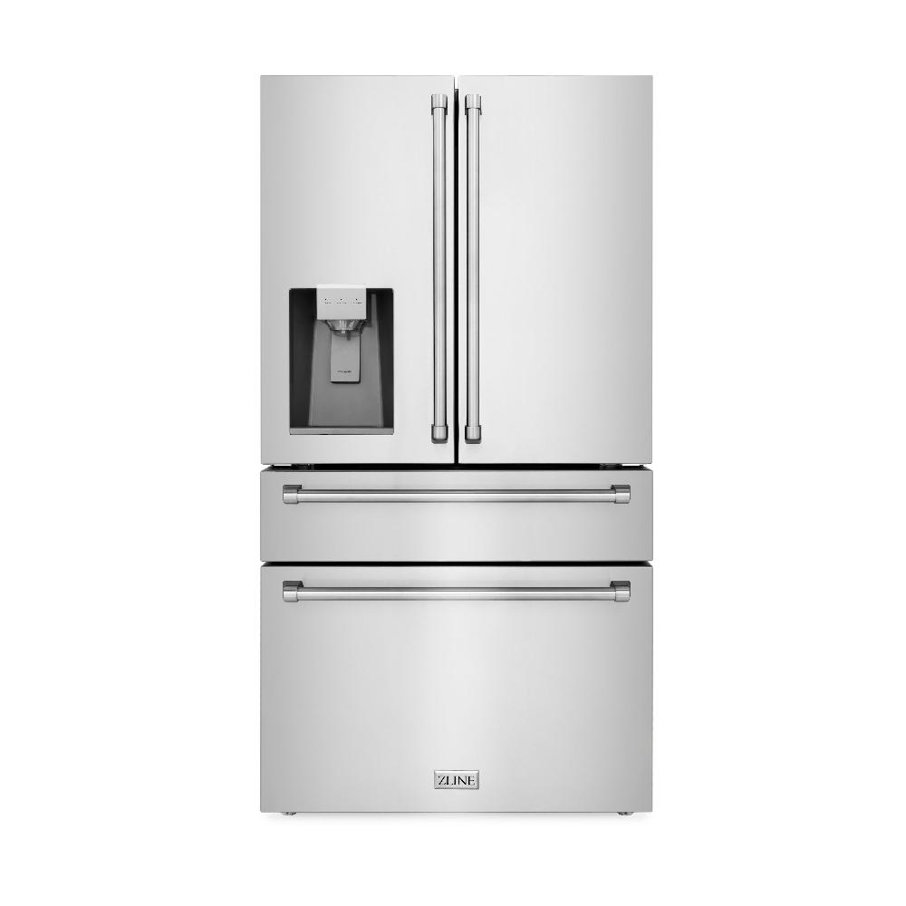 ZLINE 36 in. 21.6 cu. ft. Counter-Depth French Door Refrigerator with Water and Ice Dispenser in Fingerprint-Resistant Stainless Steel (RFM-W-36) front, closed.