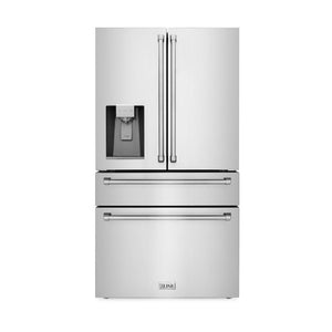ZLINE 36 in. 21.6 cu. ft. Counter-Depth French Door Refrigerator with Water and Ice Dispenser in Fingerprint-Resistant Stainless Steel (RFM-W-36) front, closed.