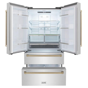 ZLINE Autograph Edition 36 in. Kitchen Package with Stainless Steel Dual Fuel Range, Range Hood, Dishwasher and Refrigerator with Champagne Bronze Accents (4KAPR-RARHDWM36-CB)