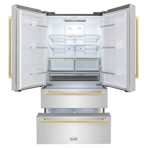 ZLINE Autograph Edition 36 in. 22.5 cu. ft. Counter-Depth French Door Refrigerator with Ice Maker in Fingerprint-Resistant Stainless Steel with Champagne Bronze Modern Handles (RFMZ-36-FCB)