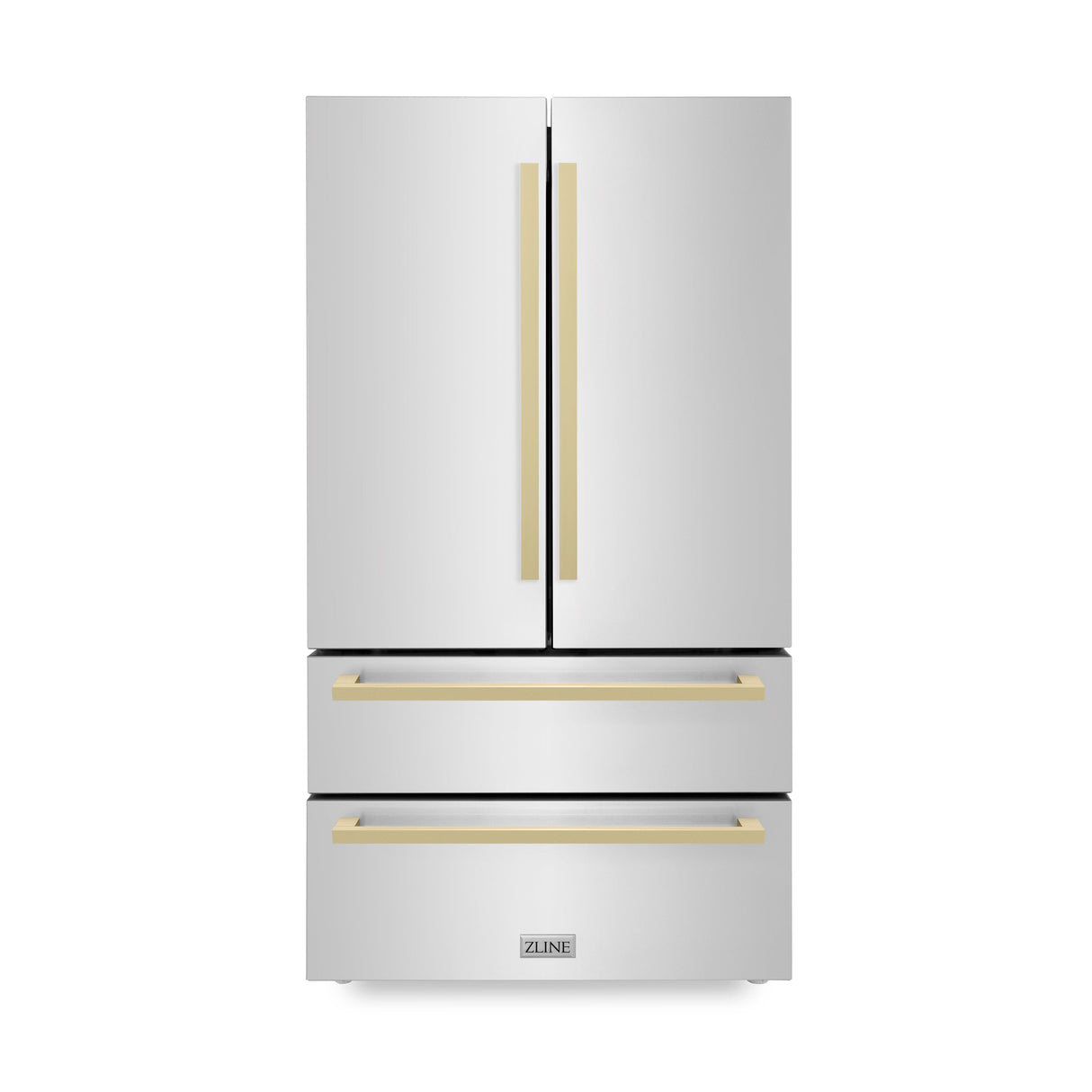 ZLINE Autograph Edition 36 in. 22.5 cu. ft 4-Door French Door Refrigerator with Ice Maker in Stainless Steel with Champagne Bronze Square Handles (RFMZ-36-FCB)