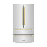 ZLINE Autograph Edition 36 in. 22.5 cu. ft 4-Door French Door Refrigerator with Ice Maker in Stainless Steel with Champagne Bronze Square Handles (RFMZ-36-FCB)