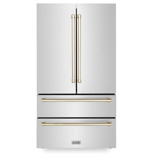 ZLINE Autograph Edition 36 in. Kitchen Package with Stainless Steel Dual Fuel Range, Range Hood, Dishwasher and Refrigerator with Polished Gold Accents (4KAPR-RARHDWM36-G)