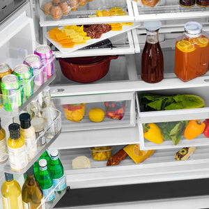 ZLINE Autograph Edition 36 in. 22.5 cu. ft. Counter-Depth French Door Refrigerator with Ice Maker in Fingerprint-Resistant Stainless Steel with Polished Gold Traditional Handles (RFMZ-36-G)