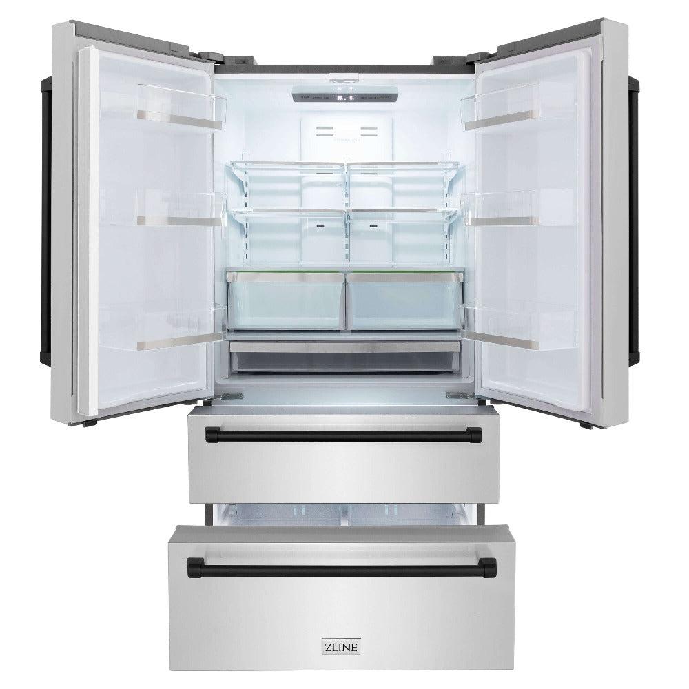 ZLINE Autograph Edition 36 in. 22.5 cu. ft. Counter-Depth French Door Refrigerator with Ice Maker in Fingerprint-Resistant Stainless Steel with Matte Black Traditional Handles (RFMZ-36-MB)