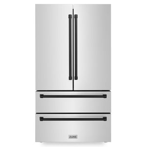 ZLINE Autograph Edition 36 in. Kitchen Package with Stainless Steel Dual Fuel Range, Range Hood, Dishwasher and Refrigerator with Matte Black Accents (4KAPR-RARHDWM36-MB)