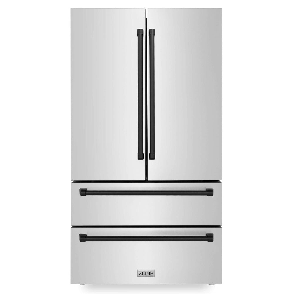 ZLINE Autograph Edition 36 in. 22.5 cu. ft. Counter-Depth French Door Refrigerator with Ice Maker in Fingerprint-Resistant Stainless Steel with Matte Black Traditional Handles (RFMZ-36-MB) front, closed.